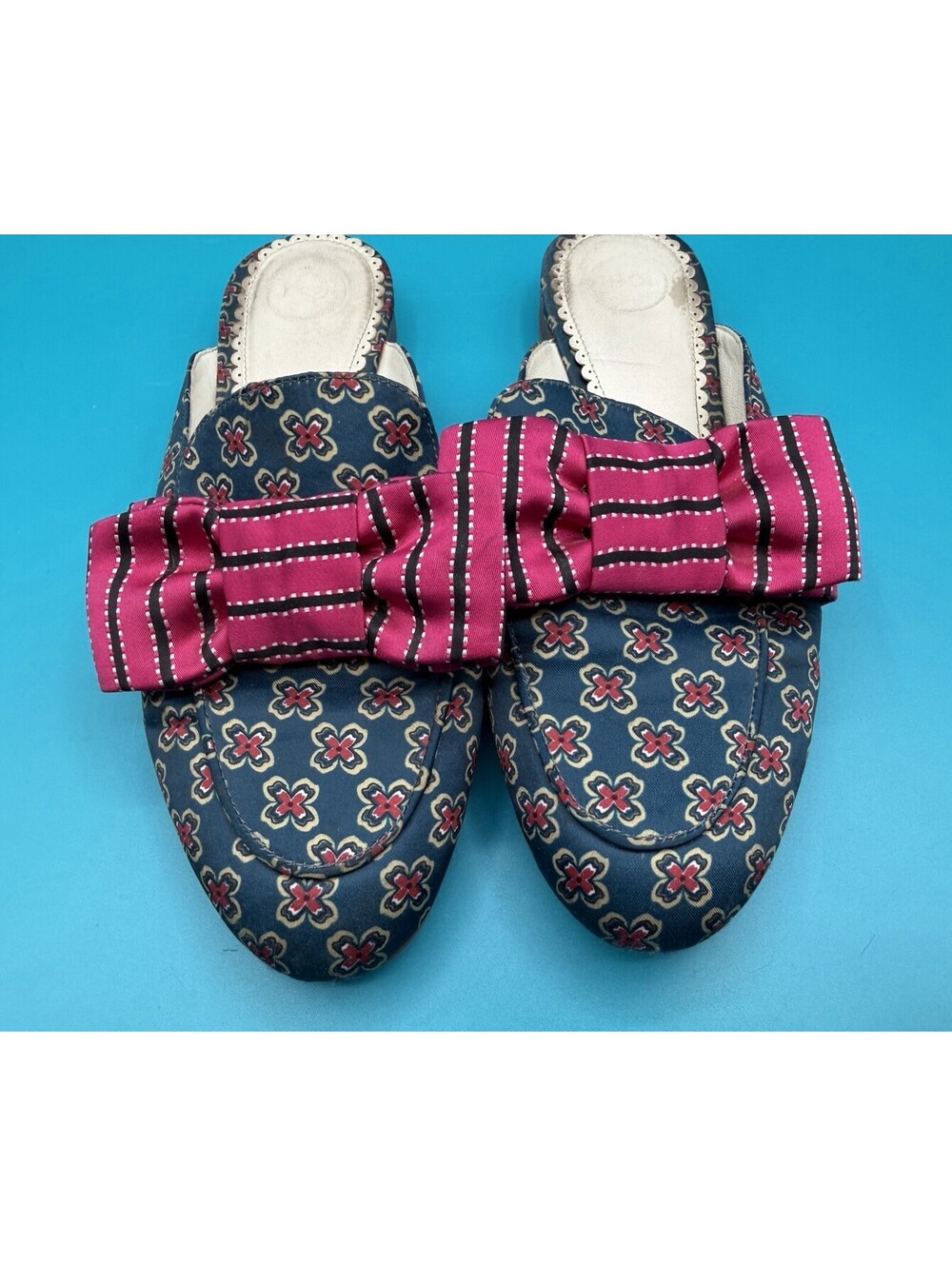 1901 Reece Nordstrom Bow Mules Navy Pink Patterned Point Toe Slip On Shoes 8 GUC
